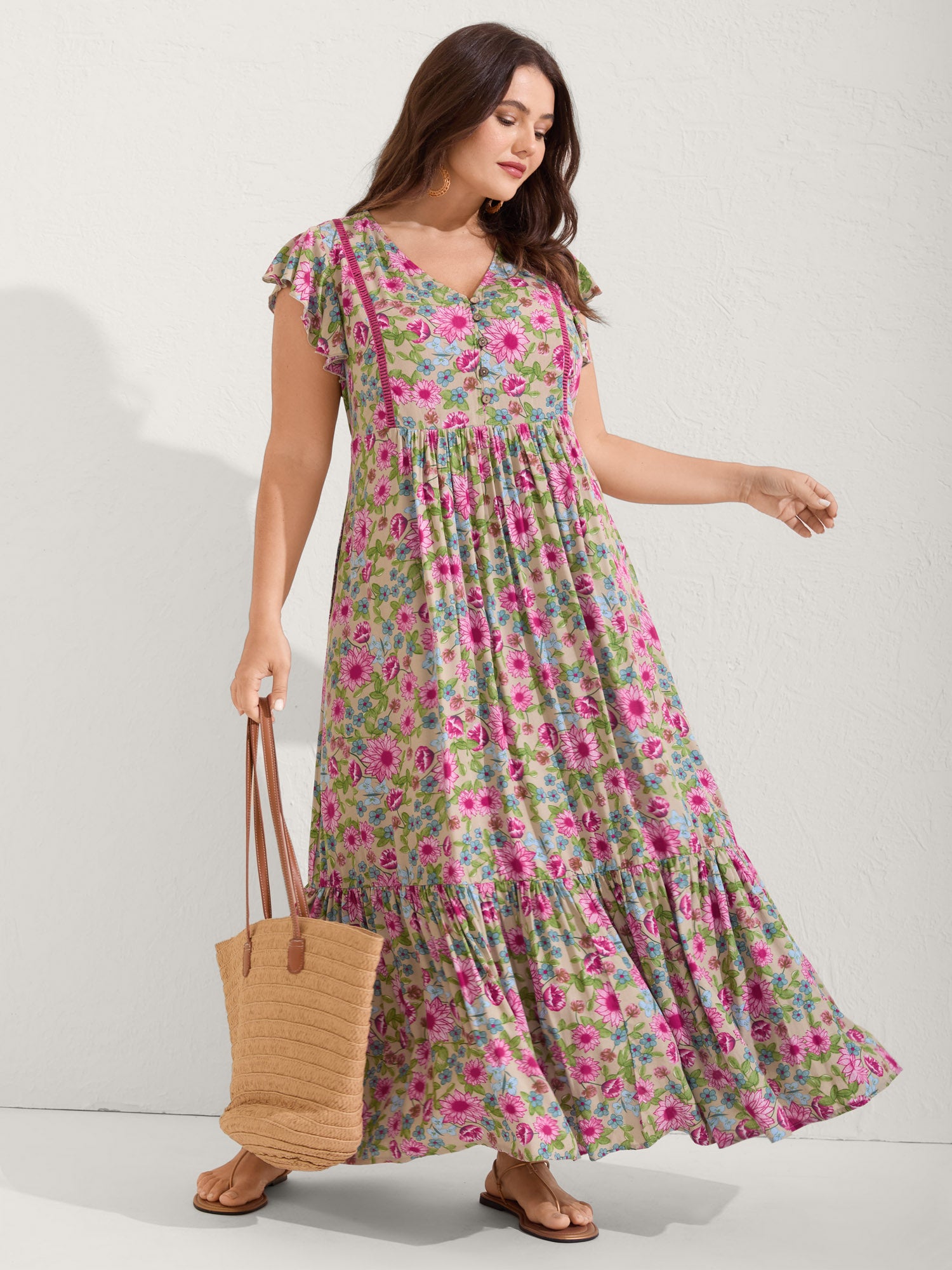 Sweet Floral Lace Trim Tiered Maxi Dress
