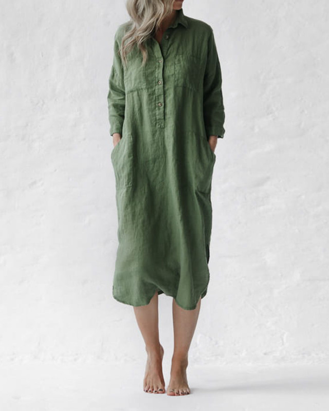Casual Loose Cotton and Linen Shirt Dress 2056
