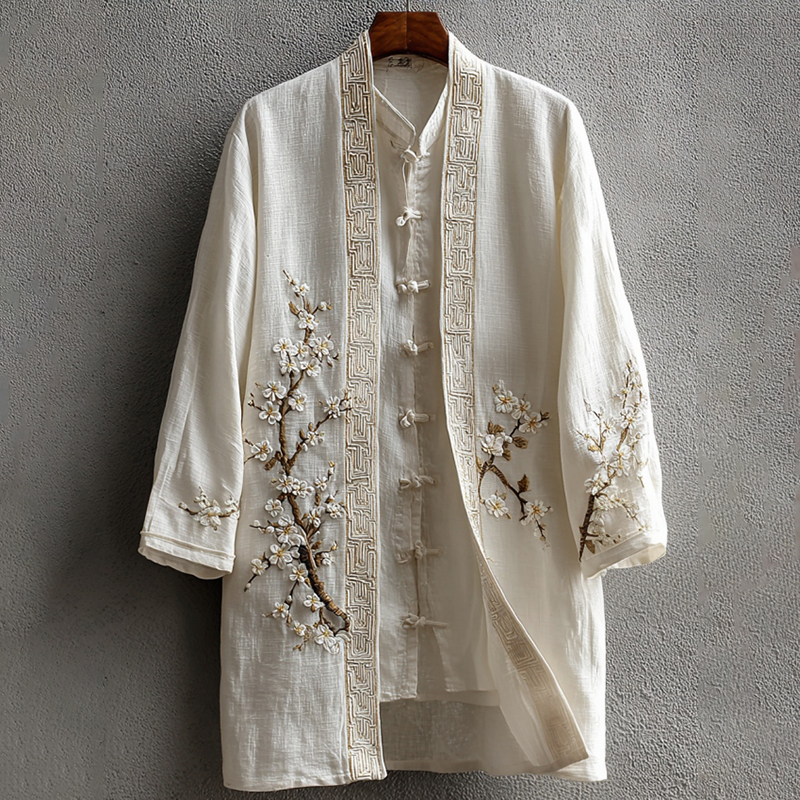 Men's Vintage Japanese Cherry Blossom Art  Linen Blend Kimono