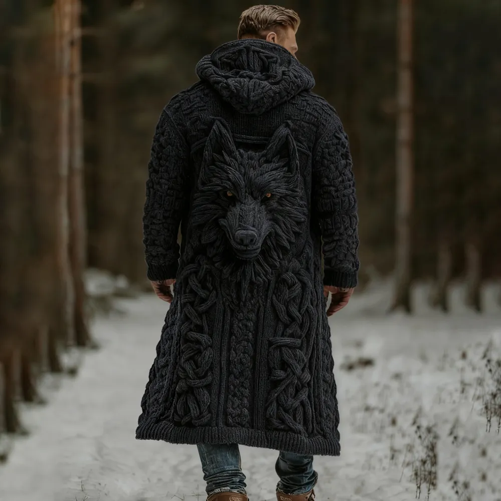 Men's Viking Wolf Celtic Knot Art Pocket Mid-length Cardigan Sweater