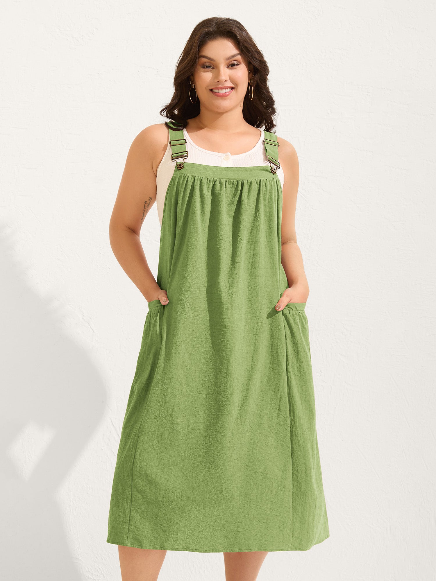 Pure Cotton Pleated Pockets Midi Dress