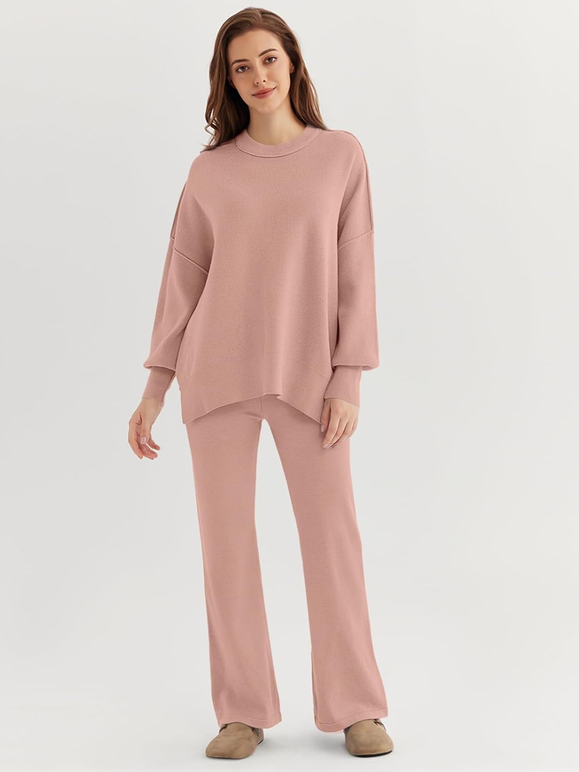 🎄Christmas Clearance 🔥Women 2 Piece Outfits Sweatsuit Sweater Sets Oversized Knit Pullover Tops Wide Leg Pants Lounge Set