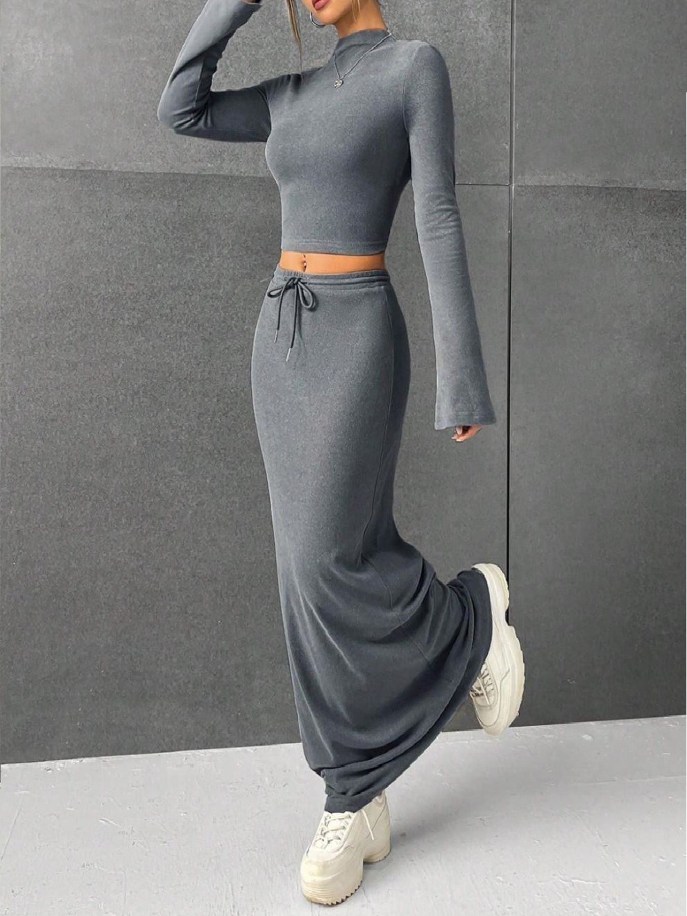 Long Sleeve Top & Drawstring Maxi Skirt Set