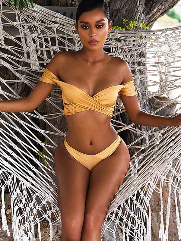 Solid Color Short Sleeves Off-The-Shoulder Bikini Swimsuit