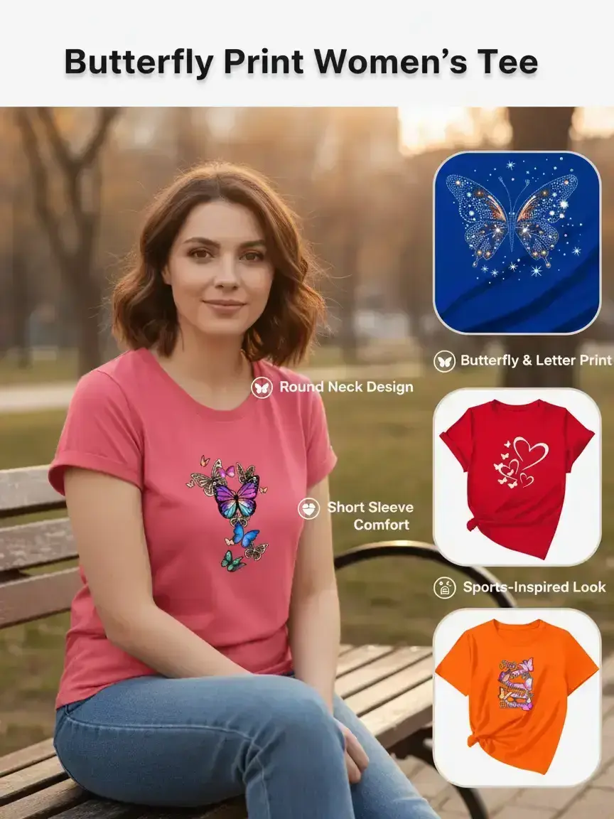 Women's Butterfly & Letter Print Round Neck Tee, Casual Short Sleeve Crew Neck T-shirt for Daily Wear