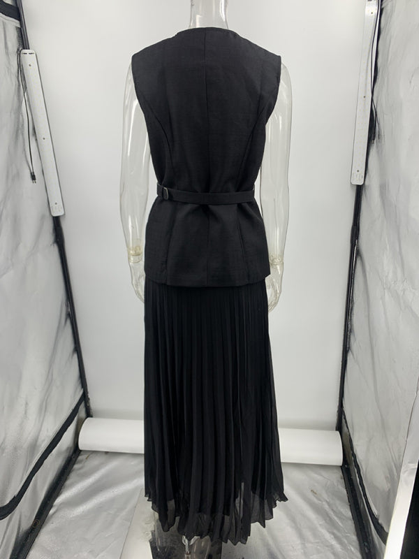 Sleeveless Chanel style vest vest mesh pleated skirt two-piece set