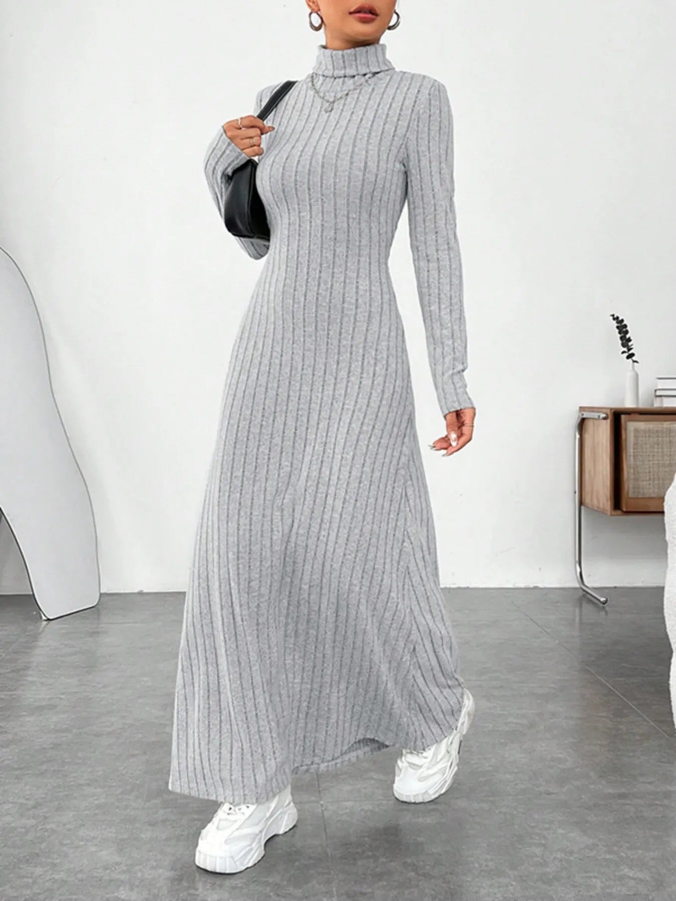 Ribbed Turtleneck Long Sleeve Maxi Knit Dress