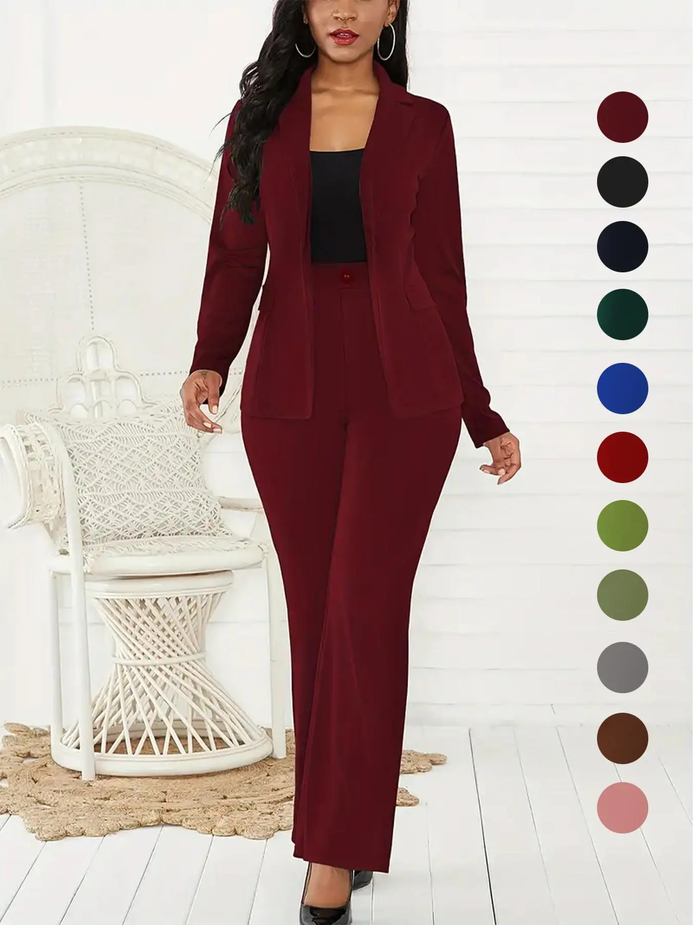 Women's Two-Piece Set Plain Button Lapel Blazer & Suit Pants