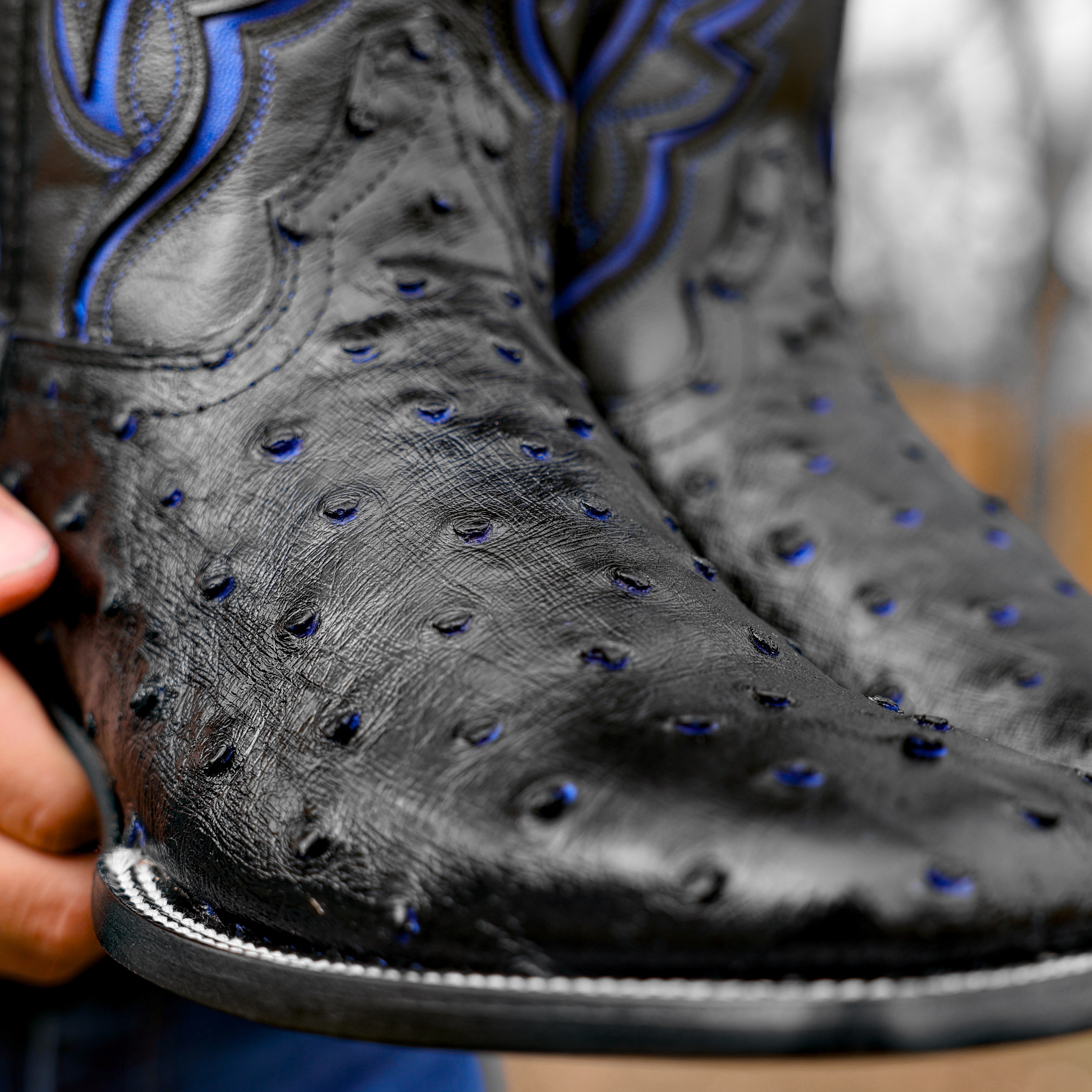 Black/Blue Ostrich Leather Boots - Square Toe