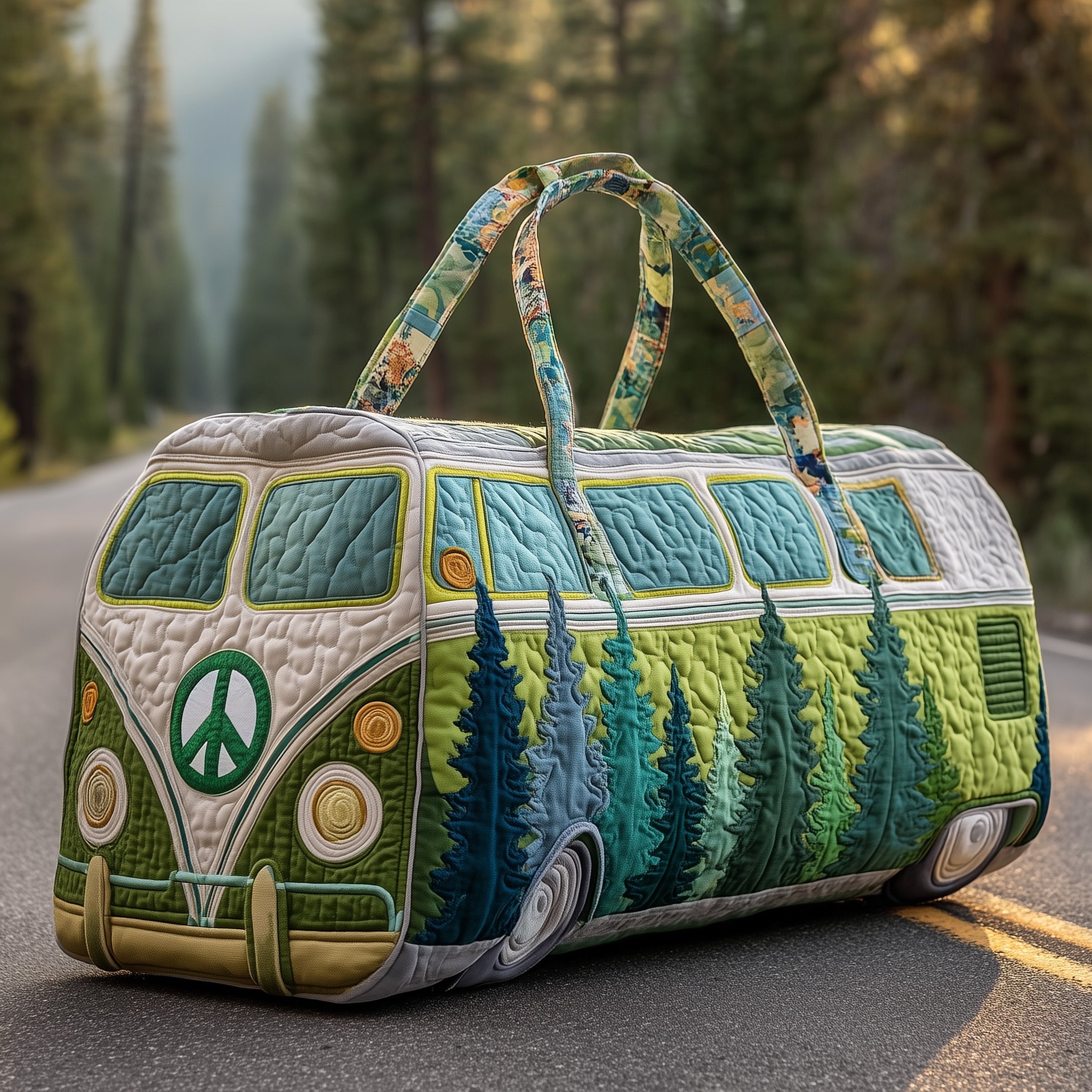 Hippie Van Quilted Duffle Bag – Retro Boho Travel & Weekender Bag