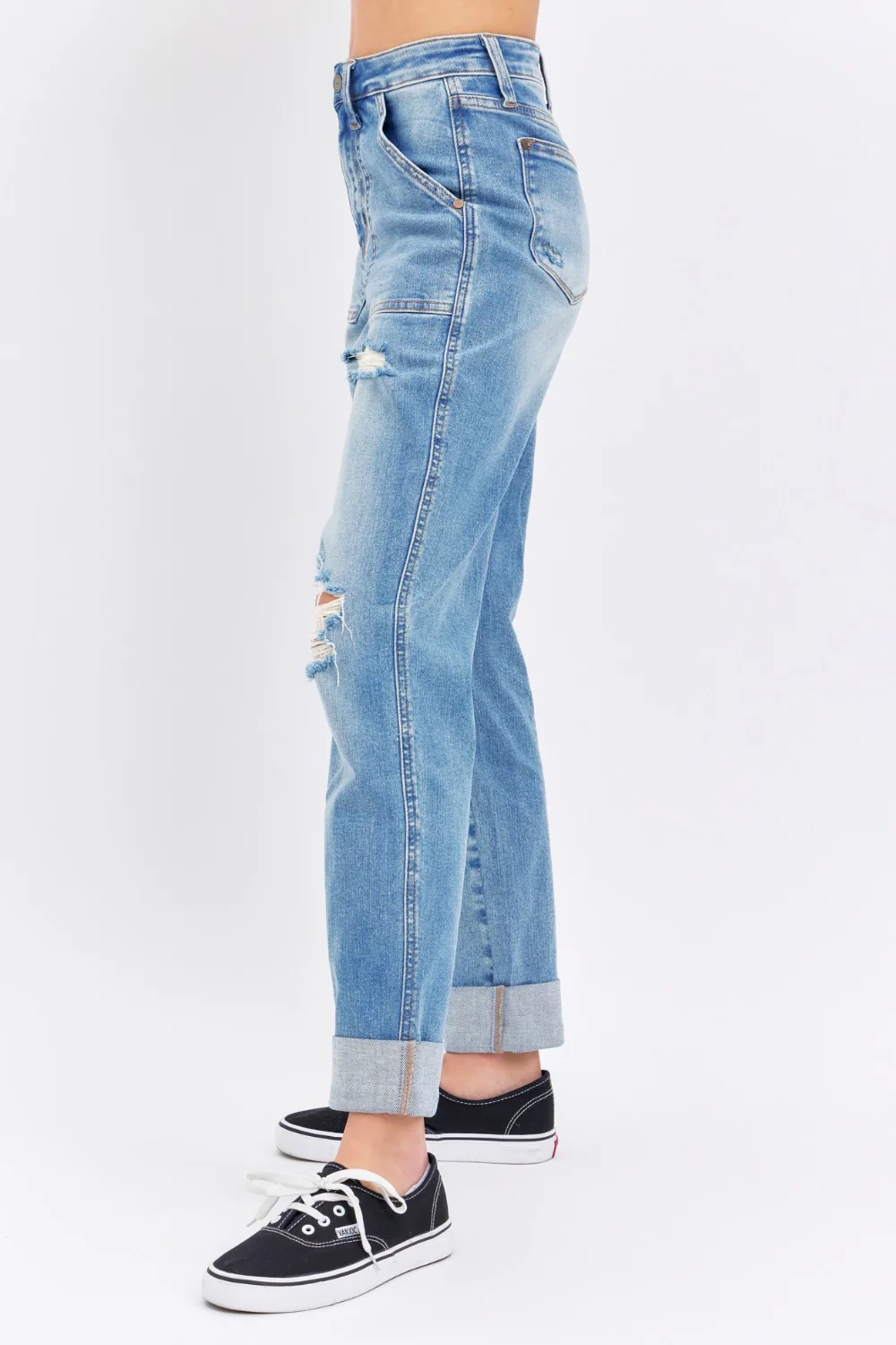 Blue Full Size Distressed Straight Jeans with Patch Pockets