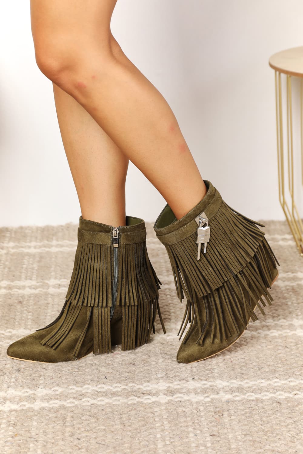 Desert Sunset Tassel Wedge Heel Ankle Booties in Olive