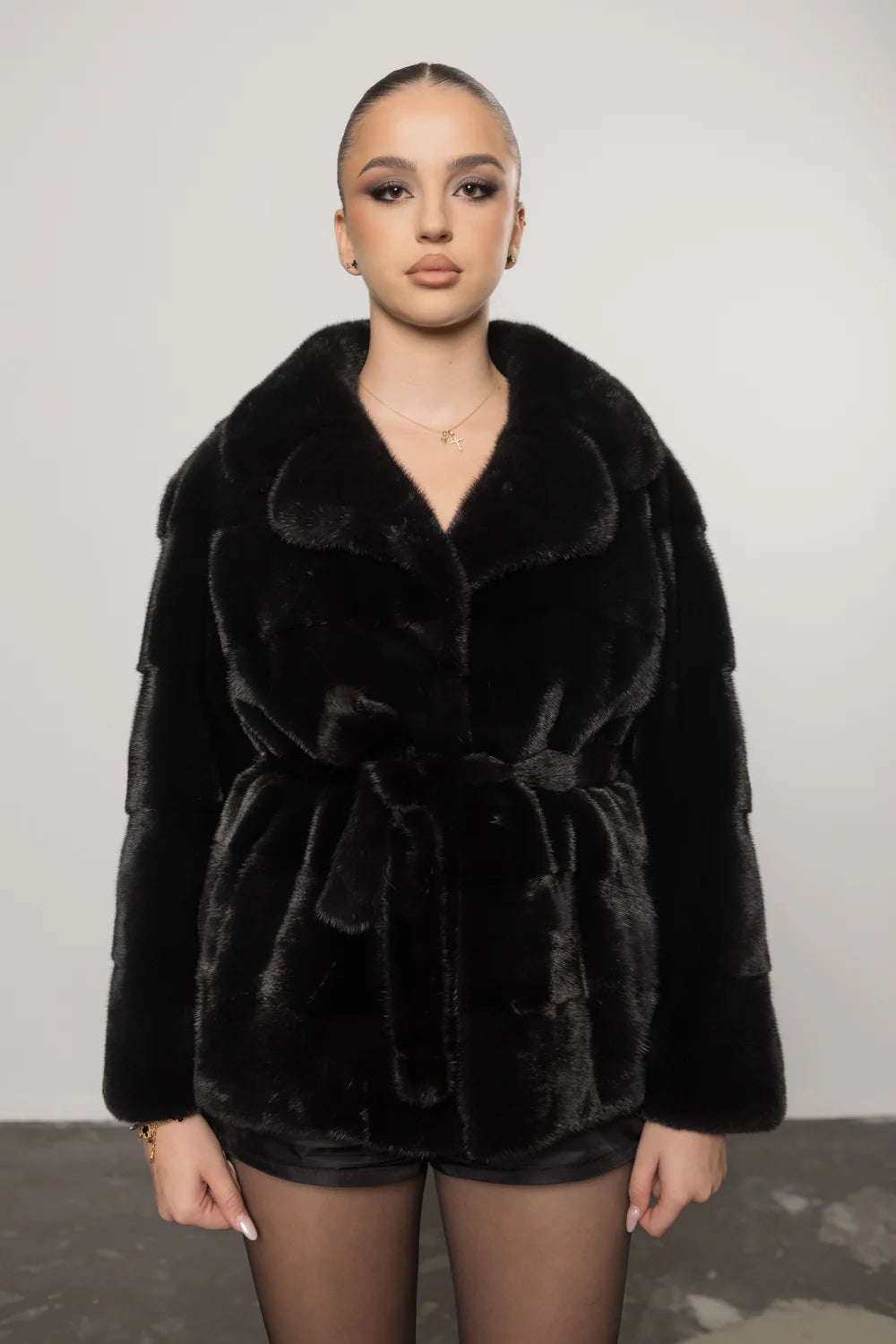 Haină din Blană Naturală de Vizon, Guler Rever, cu Cordon,  Femei, Diamond Black 414