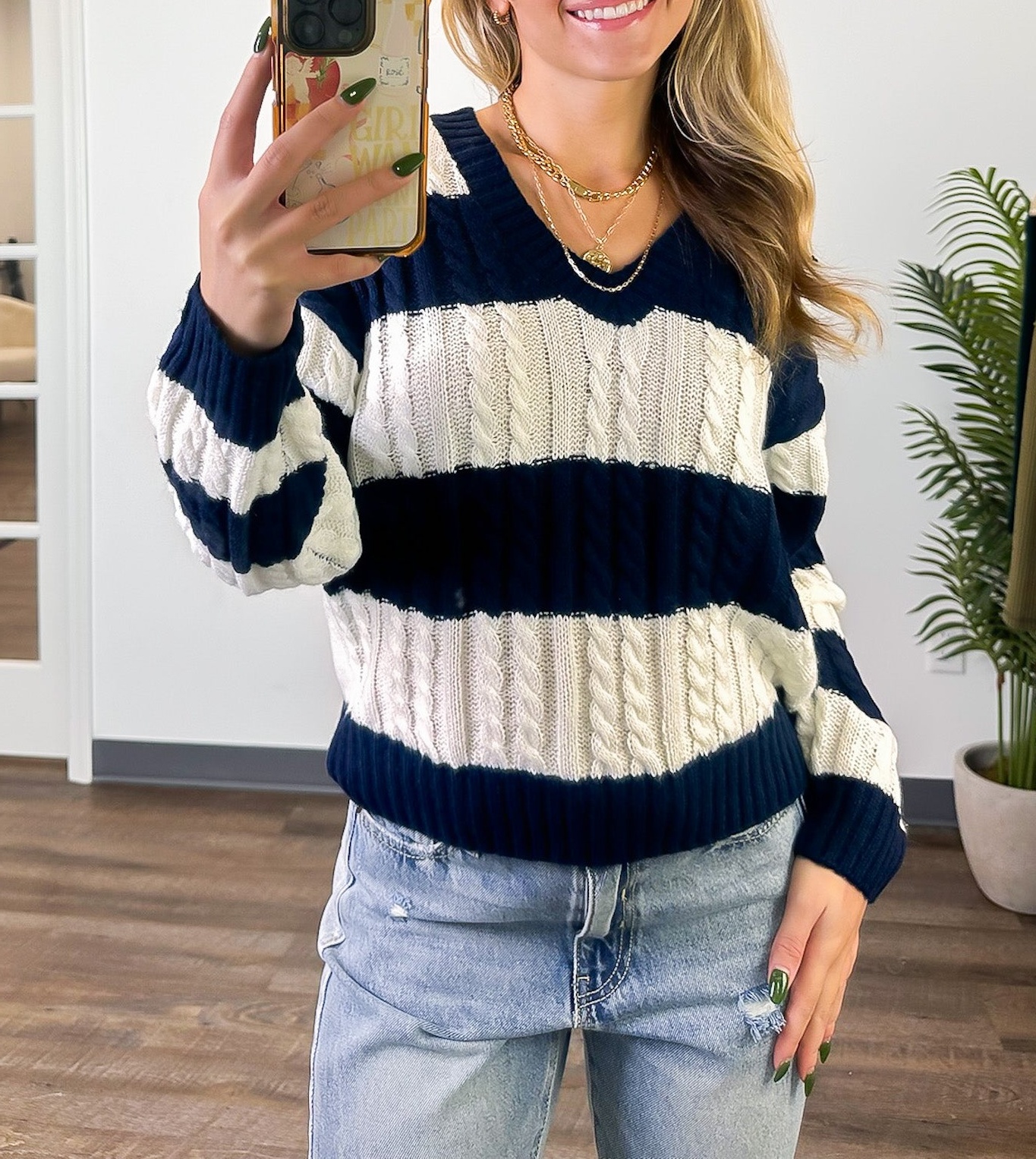 V-Neck Striped Cable Knit Sweater