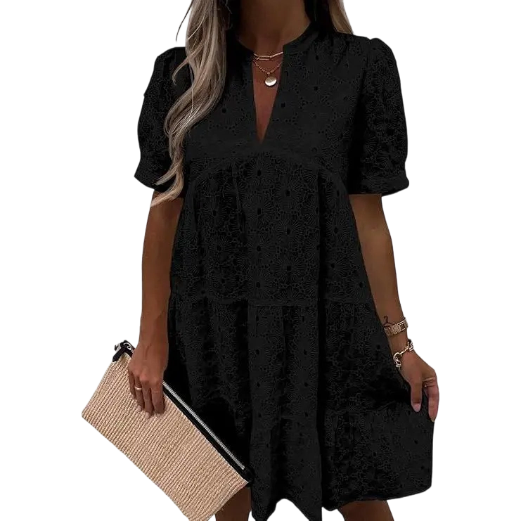 💖Wenrine Women’s Summer Lace Dresses Eyelet Casual Flowy Babydoll Swing Short Sleeve V Neck Tunic Dress