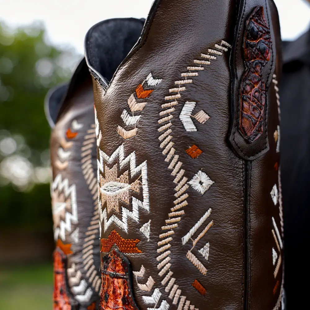 Cognac Caiman Neck Leather Boots - Square Toe