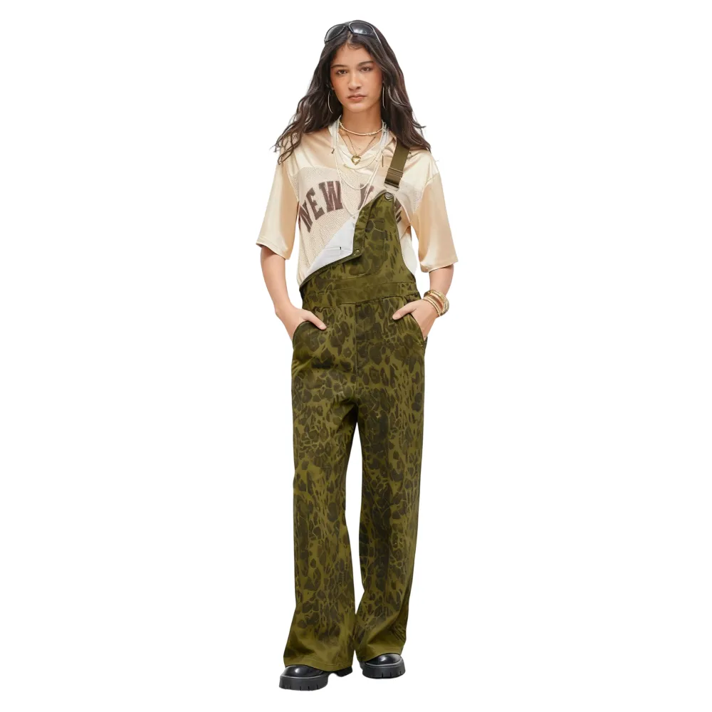 Women's Leopard Buckle Oversized Denim Wide Leg Jumpsuit