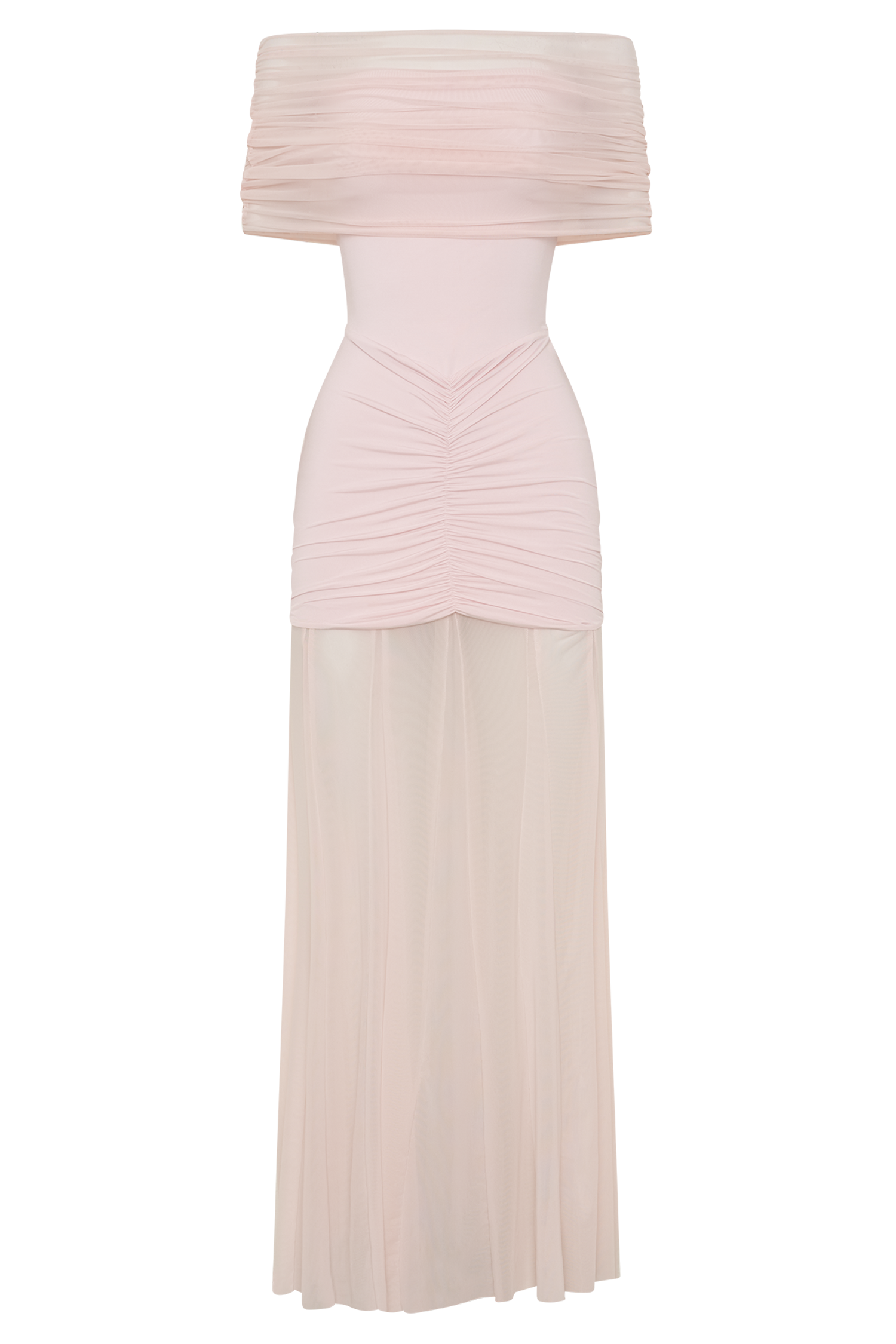 Pink Slinky And Mesh Off Shoulder Maxi Dress