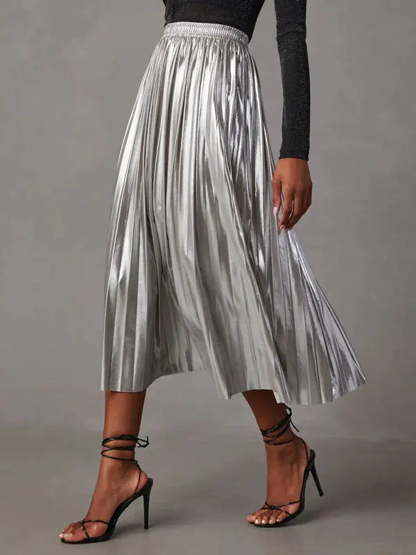 Shiny Pleated High-Waisted A-Line Midi Skirt
