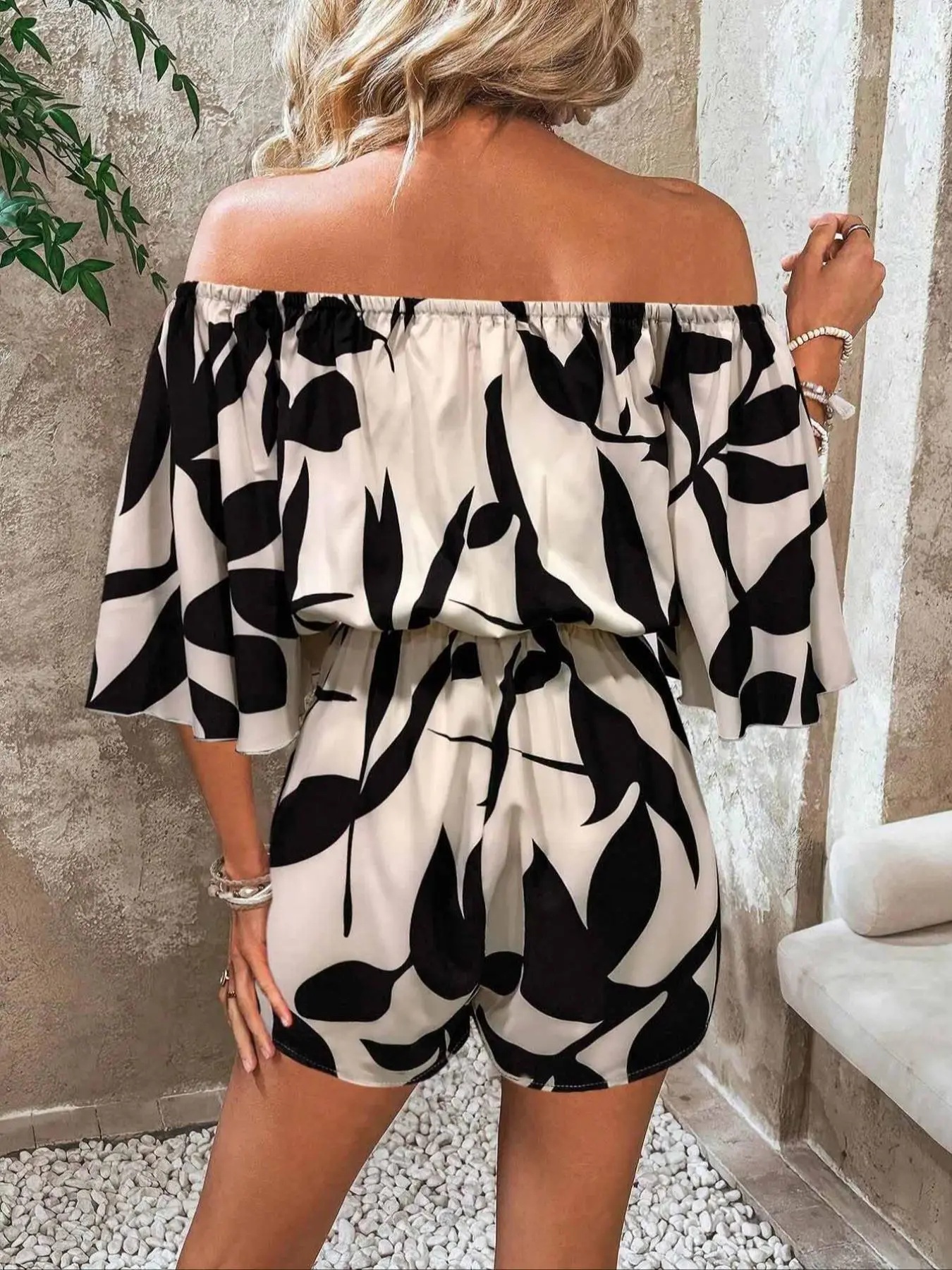 Women's Leaf Print Off Shoulder Tie Front Romper