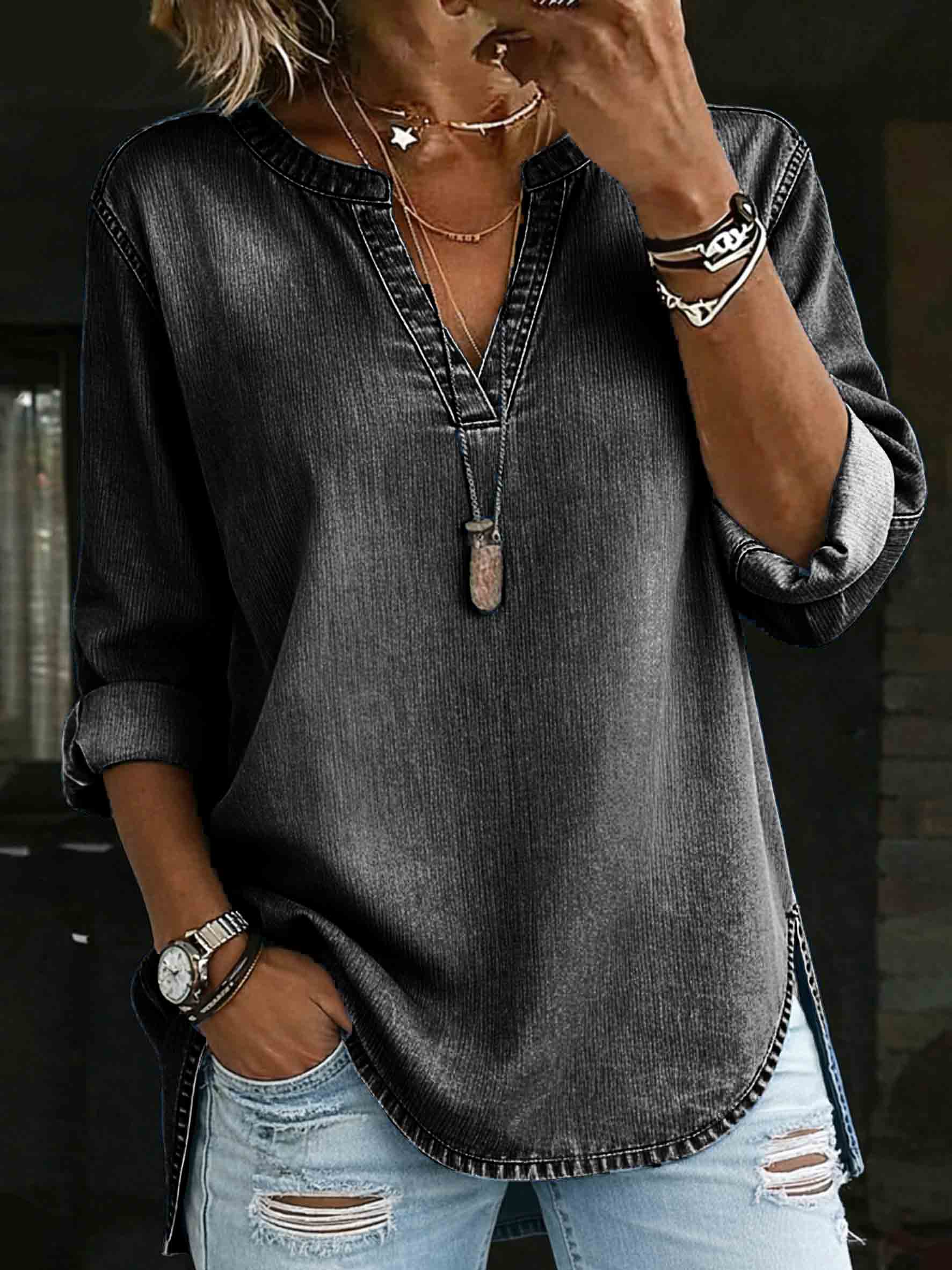 Women's Denim V-neck Henley Long-sleeved Shirt
