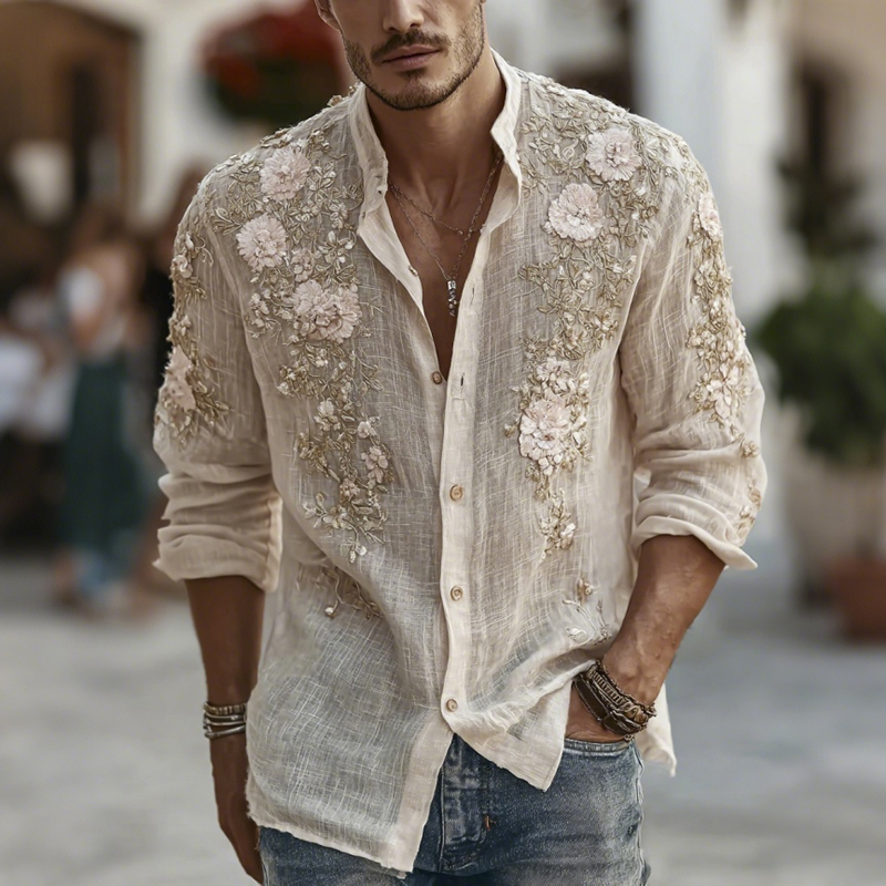Men's Japanese-style Floral Art Casual Linen Shirt