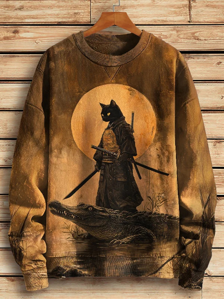 Men's Samurai Cat And Crocodile Surreal Art Print Casual Sweatshirt