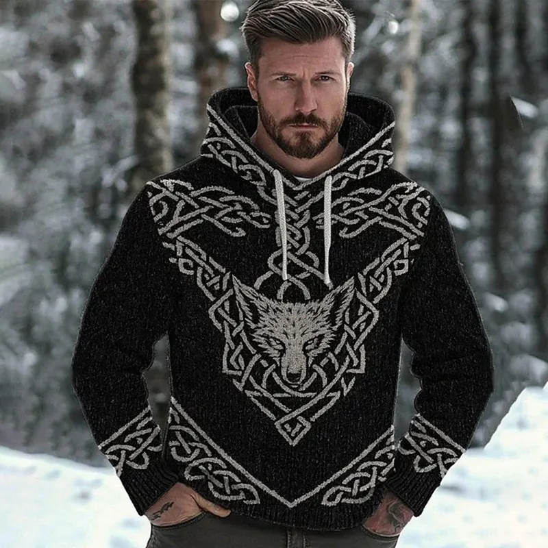 Men's Vintage Wolf Head Celtic Knot Hooded Sweater