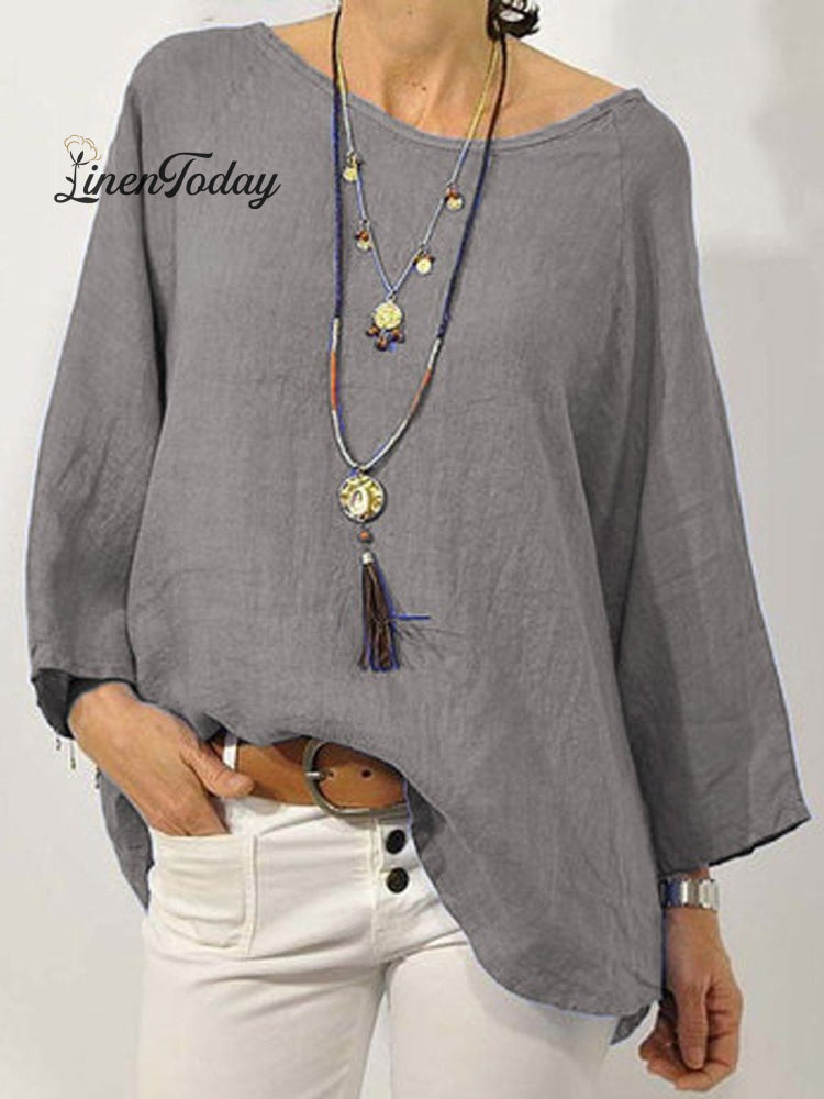 Women's Solid Colour Cotton And Linen Round Neck Ninth Sleeve Blouse
