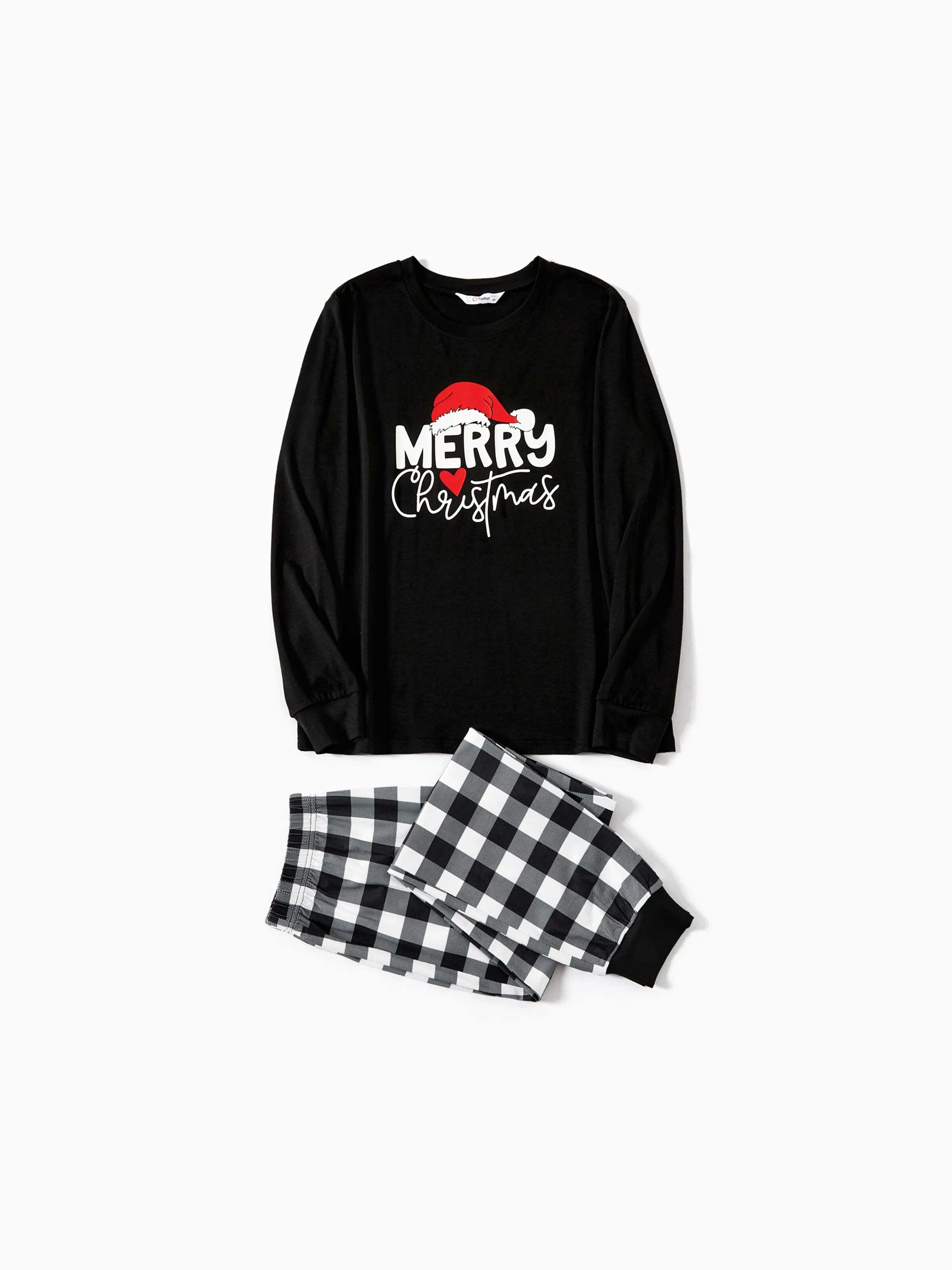Christmas Family Matching Glow In The Dark Letters Print Long-sleeve Pajamas Sets with Christmas Socks Black+White