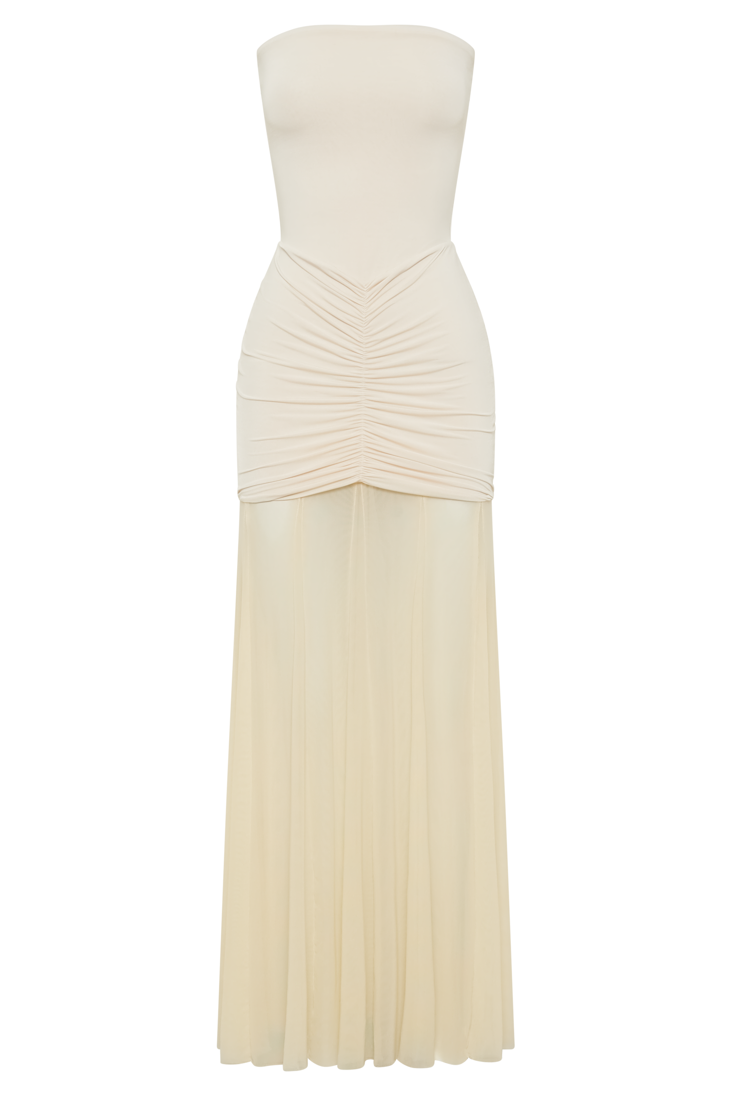 Ivory Slinky And Mesh Off Shoulder Maxi Dress