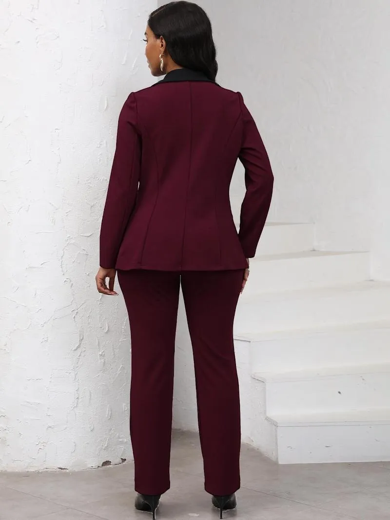 Women's Colorblock Blazer & Straight Leg Pants Set, Elegant Two-piece Set for Work Office Business, Ladies' Suits for All Seasons