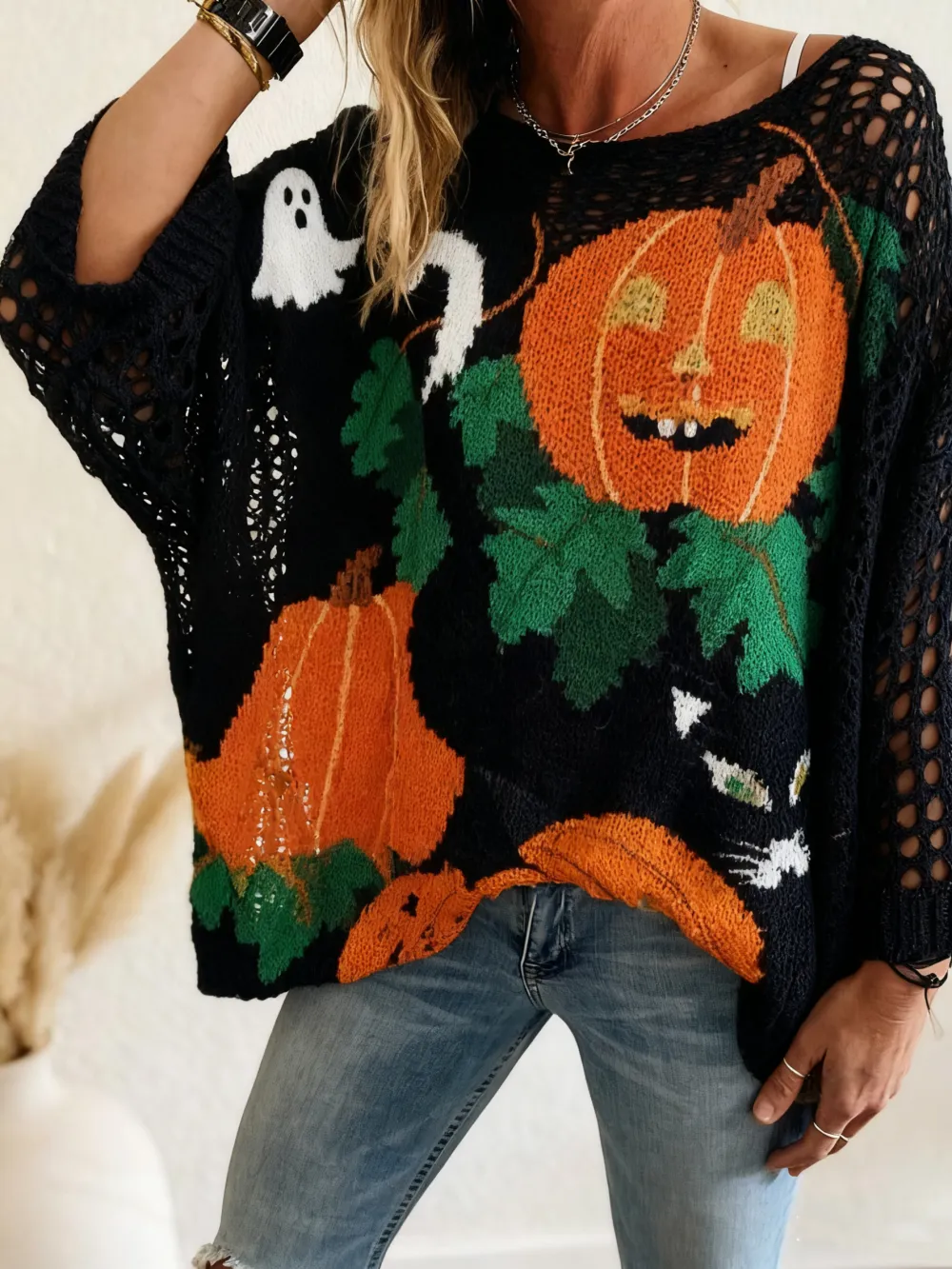 Women's Halloween Pumpkin Print Long Sleeve Knit Top