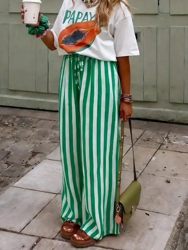 Women's Drawstring Wide-Leg Pants – Loose Fit Striped Casual Trousers