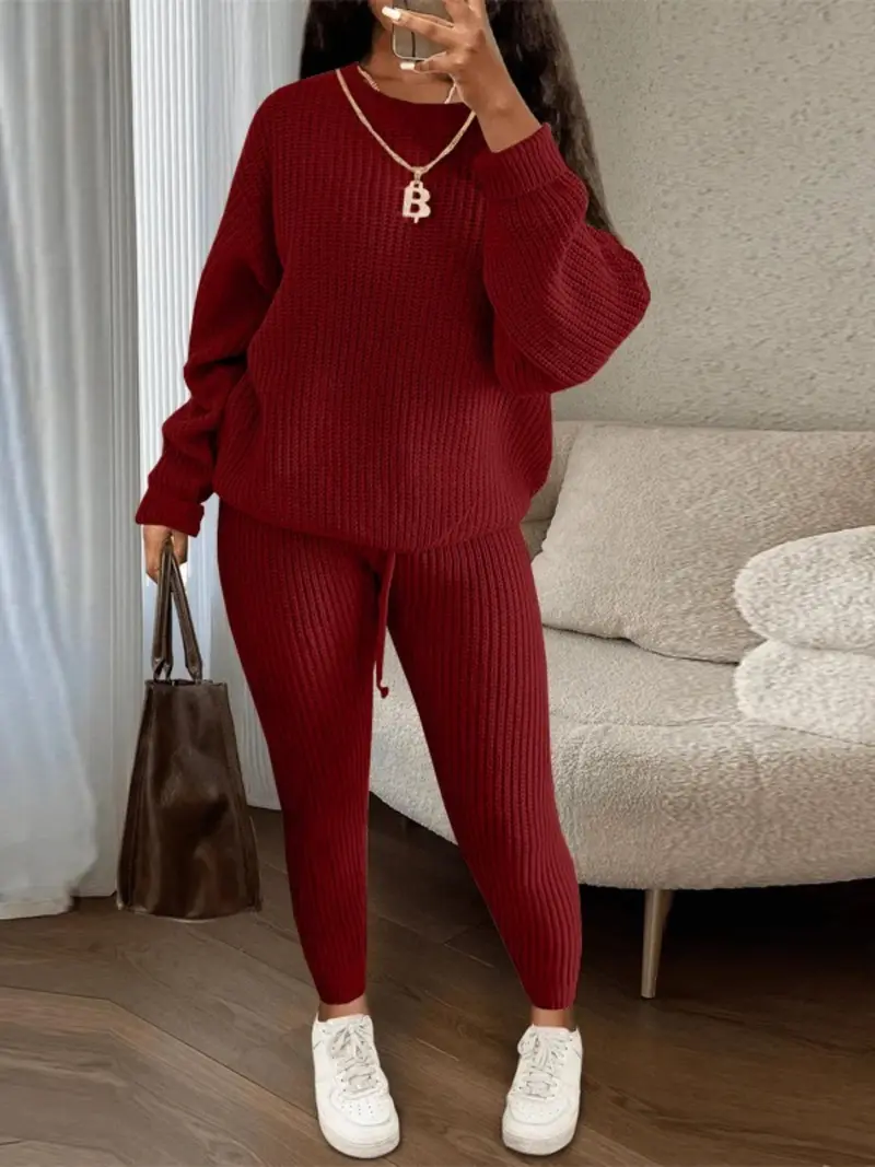 🔥Women's Solid Round Neck Drop Shoulder Sweater & Drawstring Waist Pants Knit Set, Casual Cozy Knitwear for Daily Outdoor Wear, Ladies Fall & Winter Outfits, Women's 2 Pcs Sweater Set