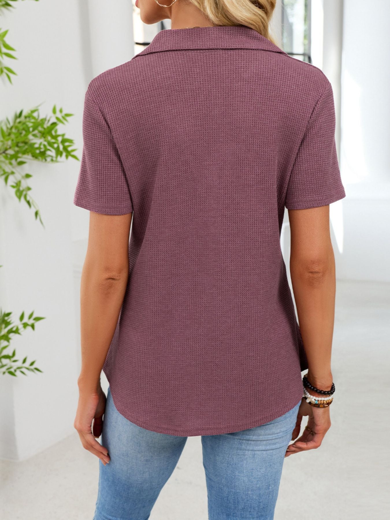 Waffle Knit Button Detail T-Shirt