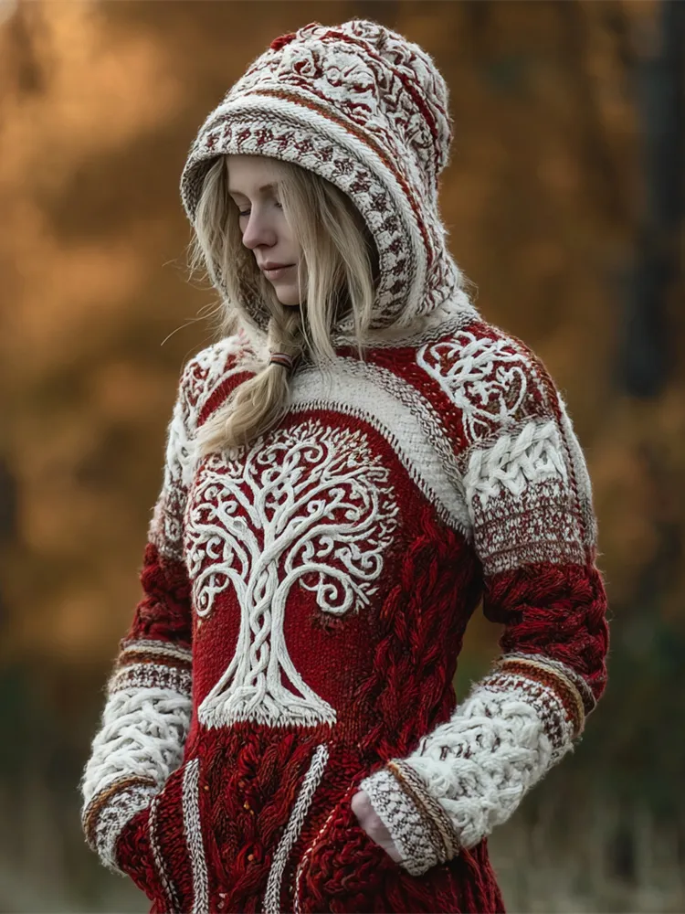 Christmas Viking Tree Of Life Women's Knit Hooded Sweater