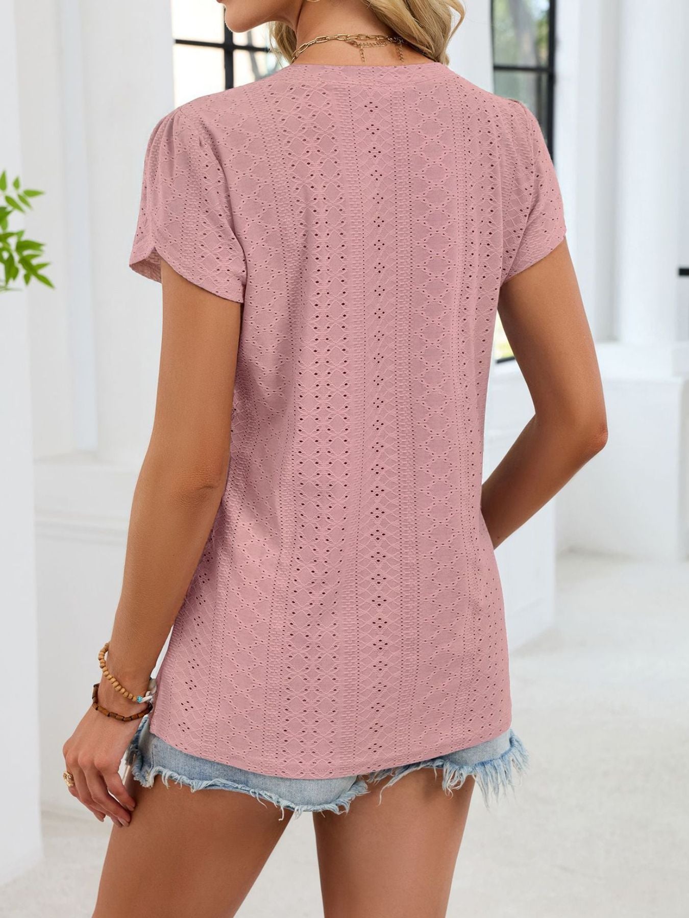 Eyelet Petal Sleeve V-Neck T-Shirt