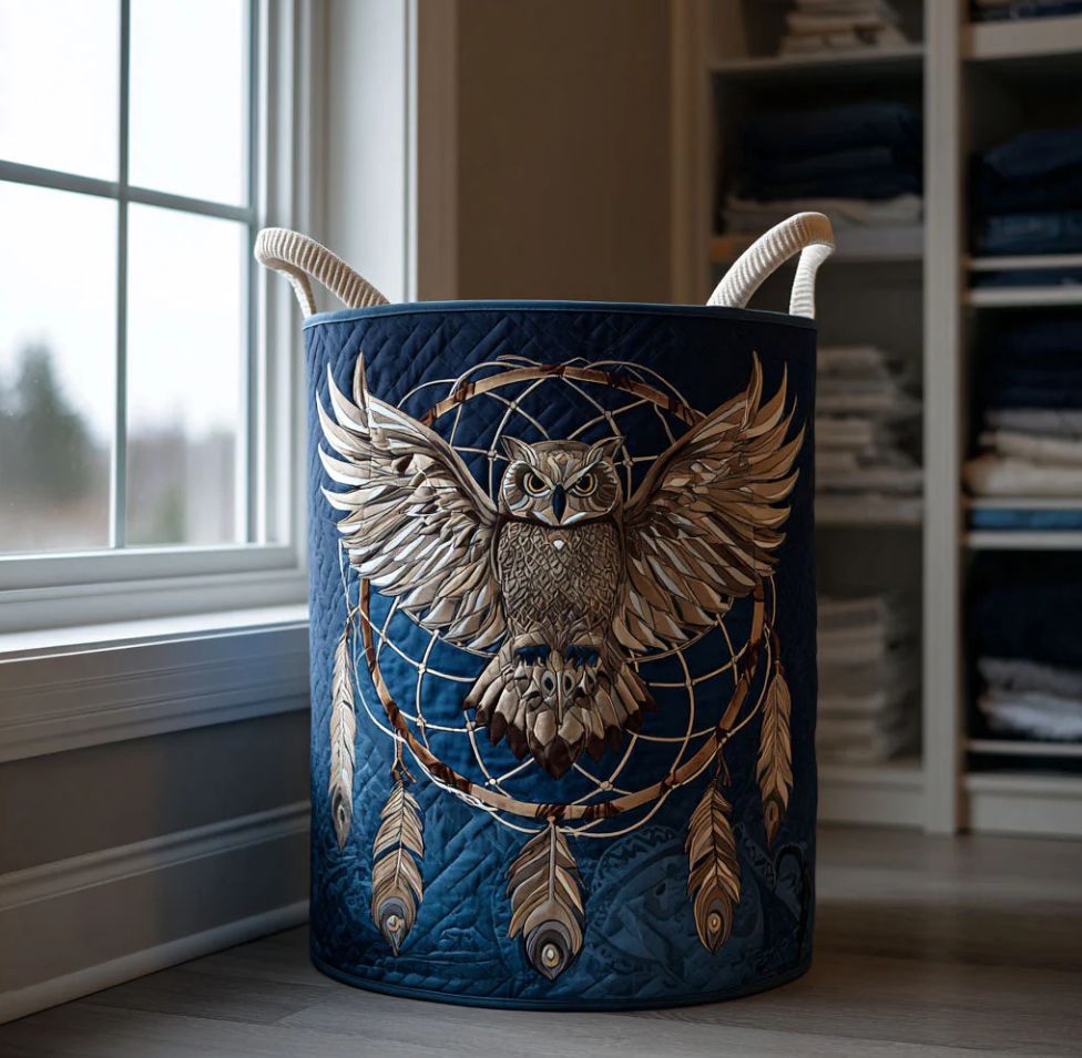 Exquisite Owl Pattern Quilted Laundry Basket Eco-Friendly Machine Washable Storage Container for Home Study Room Bedroom Organization | Owl