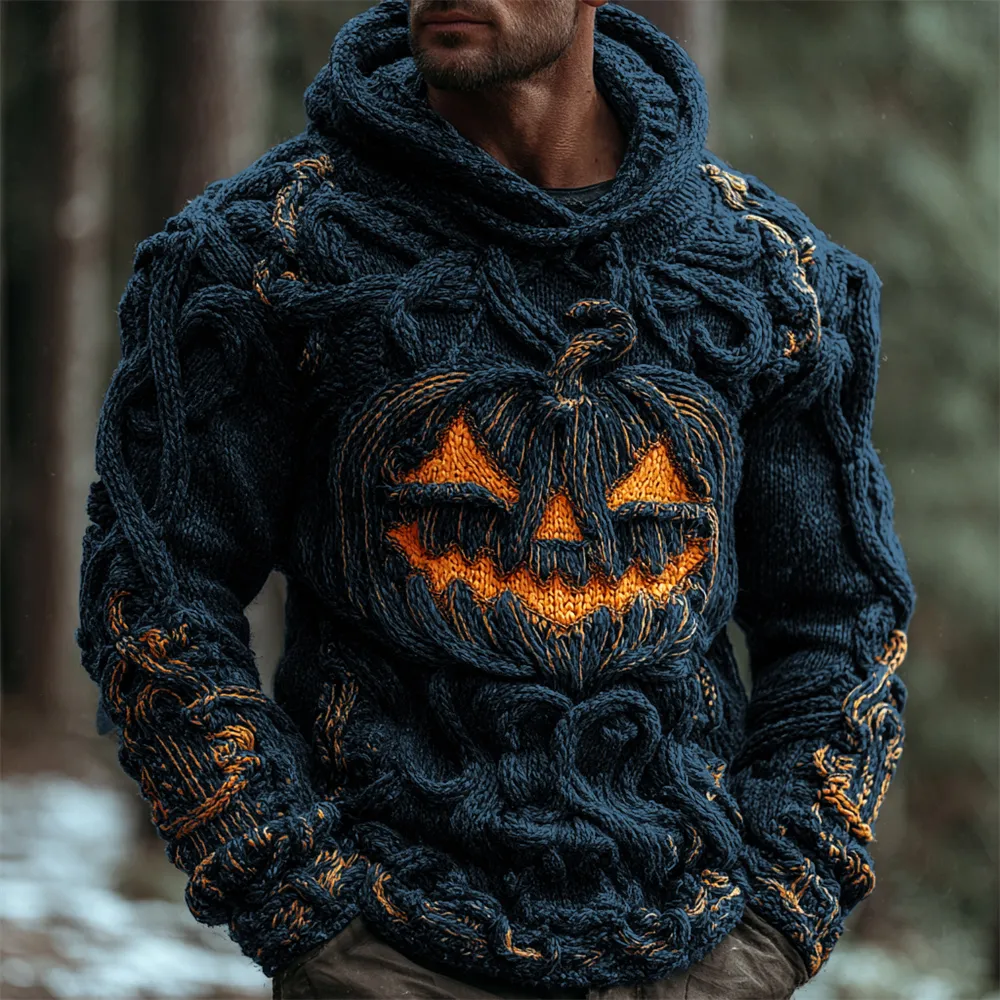 Halloween Pumpkin Emoji Men's Chunky Knit Hooded Sweater