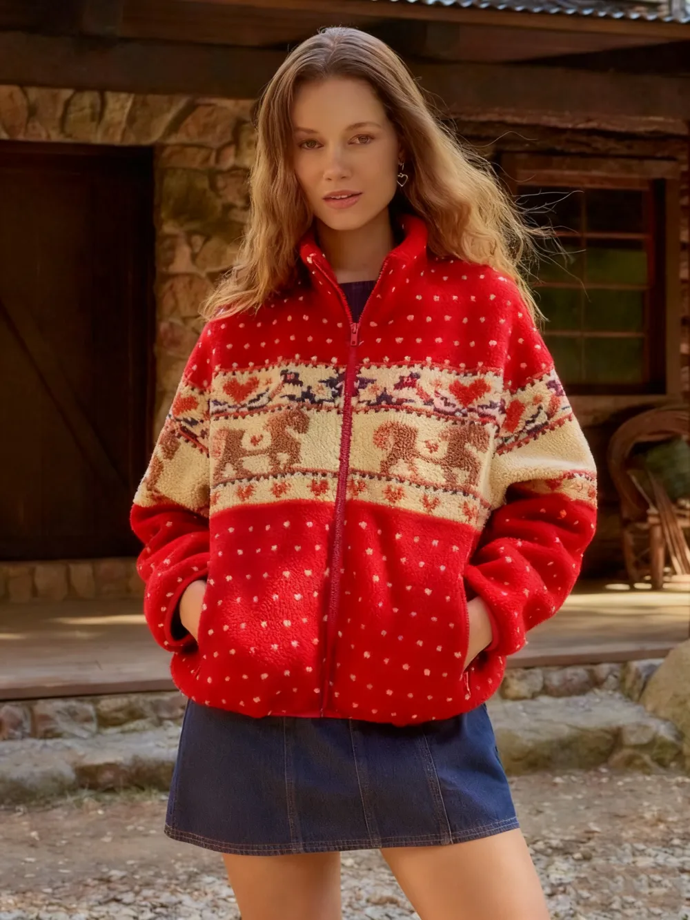 Merry Chrismas Fleece Collar Graphic Jacket