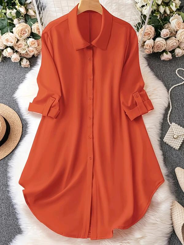 [Plus Size]Minimalist Solid Long Sleeve Button Front Fitted Shirt – Women’s Casual Chic Blouse for Spring & Fall