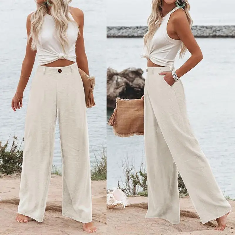 Womens Cotton Linen Pants Casual Button Up High Waisted Wide Leg Trousers Wideleg Loose Womenswear Apricot