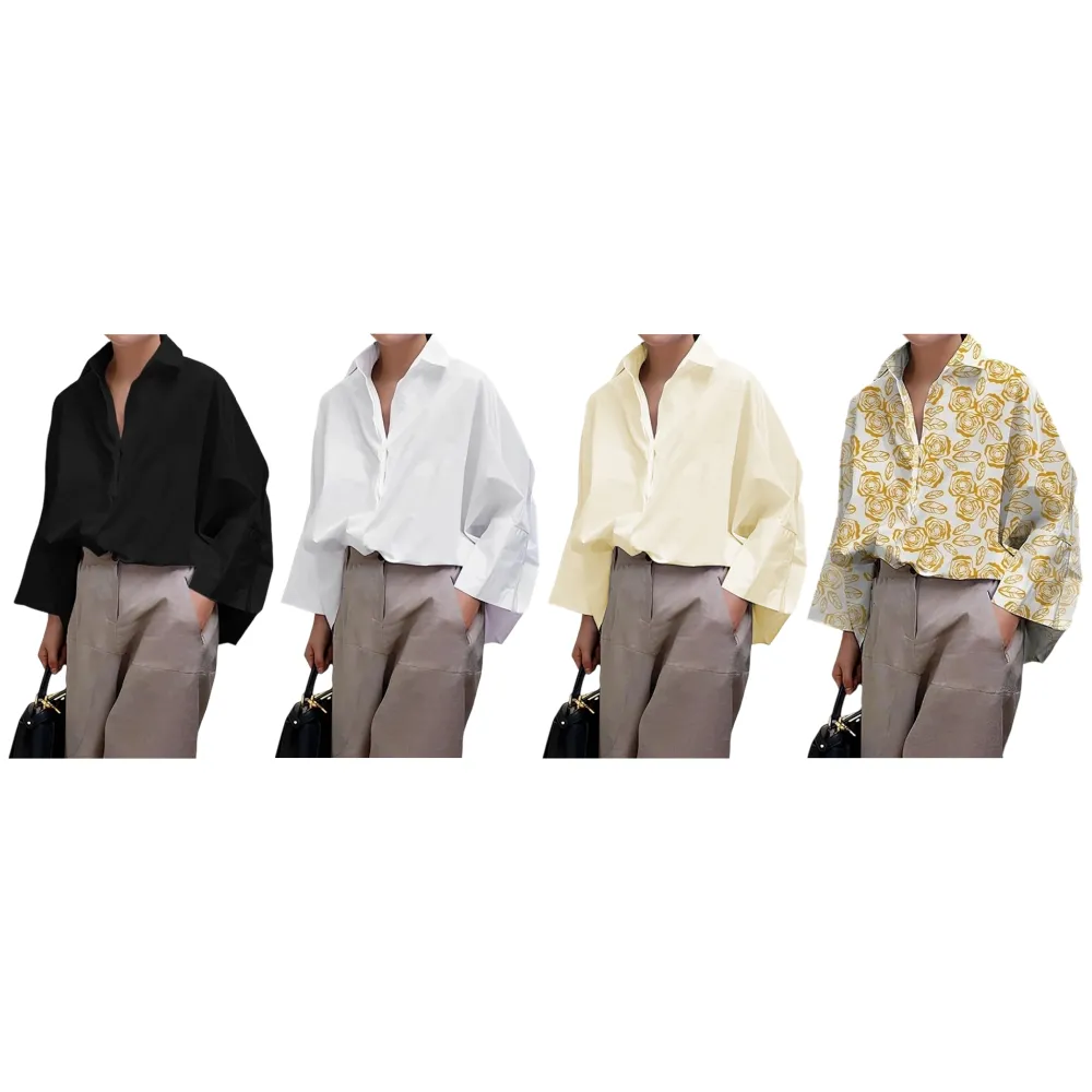 Womens Cotton Button Down Shirt Casual 3/4 Sleeve Loose Fit