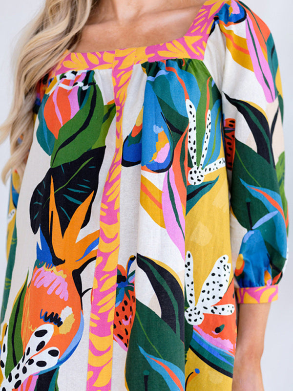 Fresh And Sweet Printed Long Skirt Three-Quarter Sleeve A-Line Skirt