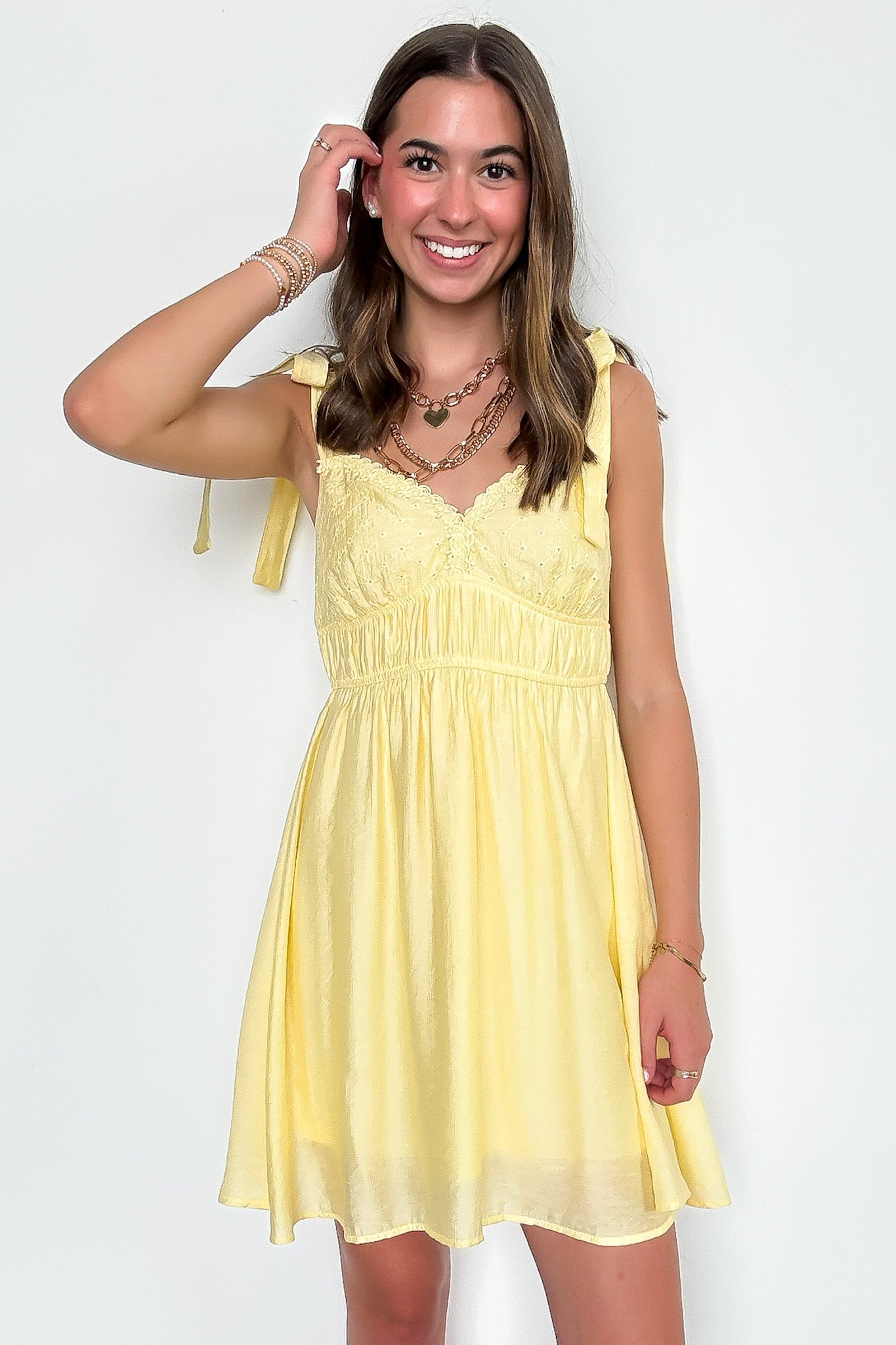 Eyelet Detail Lace Trim Tie Strap Dress
