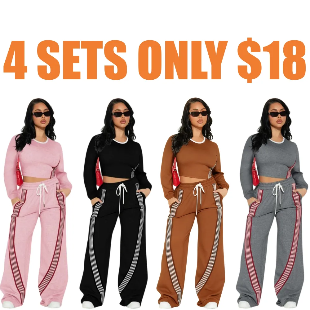 Women Casual Long Sleeve Top and Side Stripe Sports Pants Set