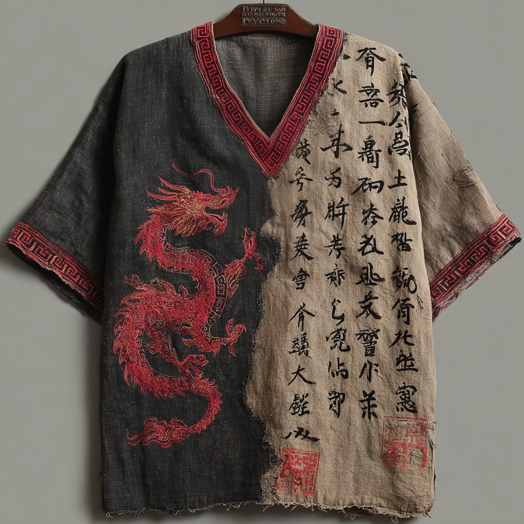 Men's Retro Japanese Calligraphy And Dragon Art Pattern Linen Blend Shirt