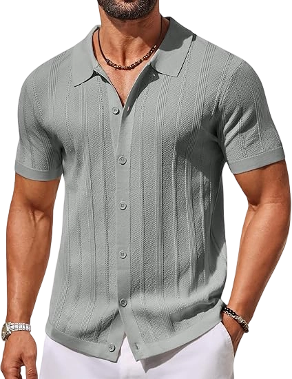 Men's Knit Button Down Shirts Short Sleeve Polo Shirt Casual Vacation Summer Beach Shirts