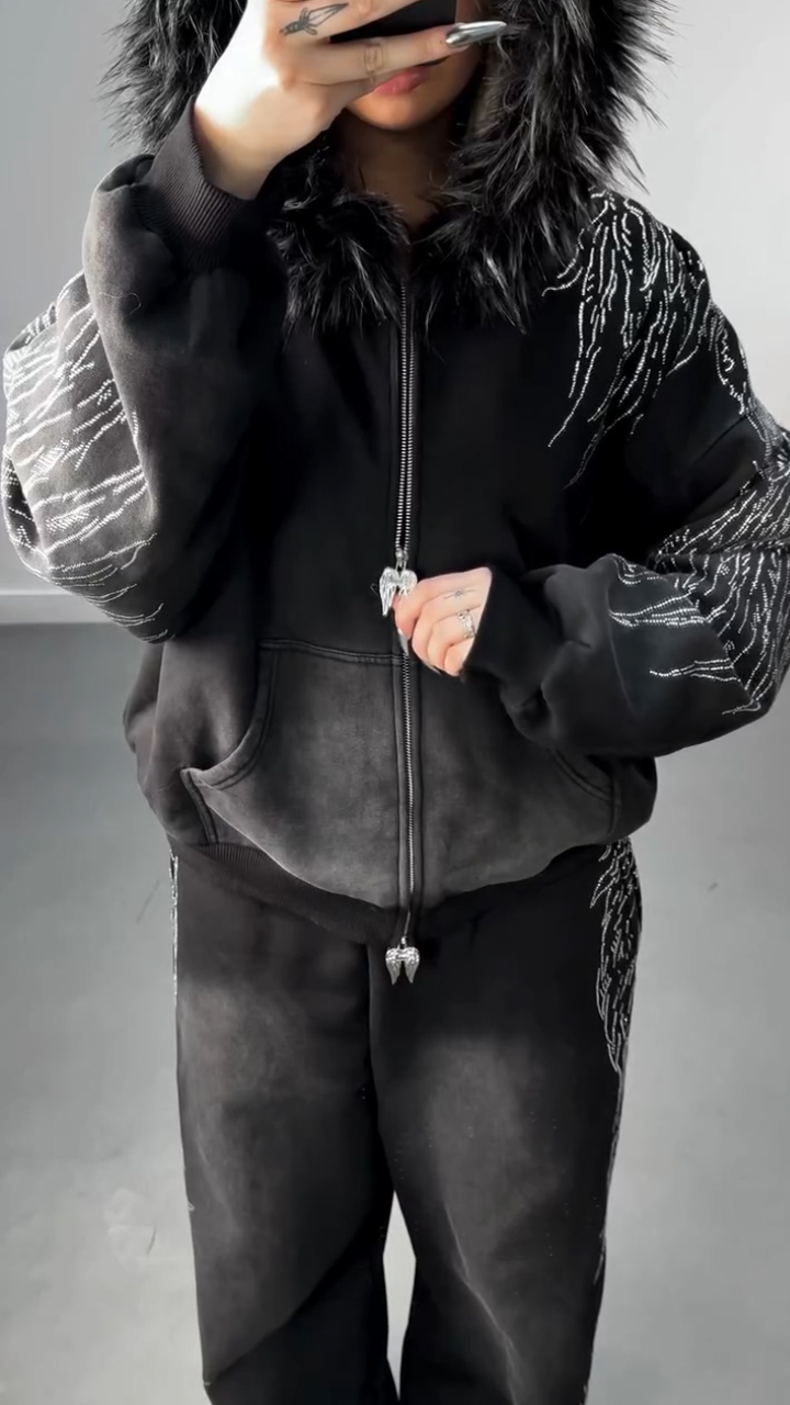 Women Hooded Hot Stamping Rhinestone Jacket+ Pants Casual Set